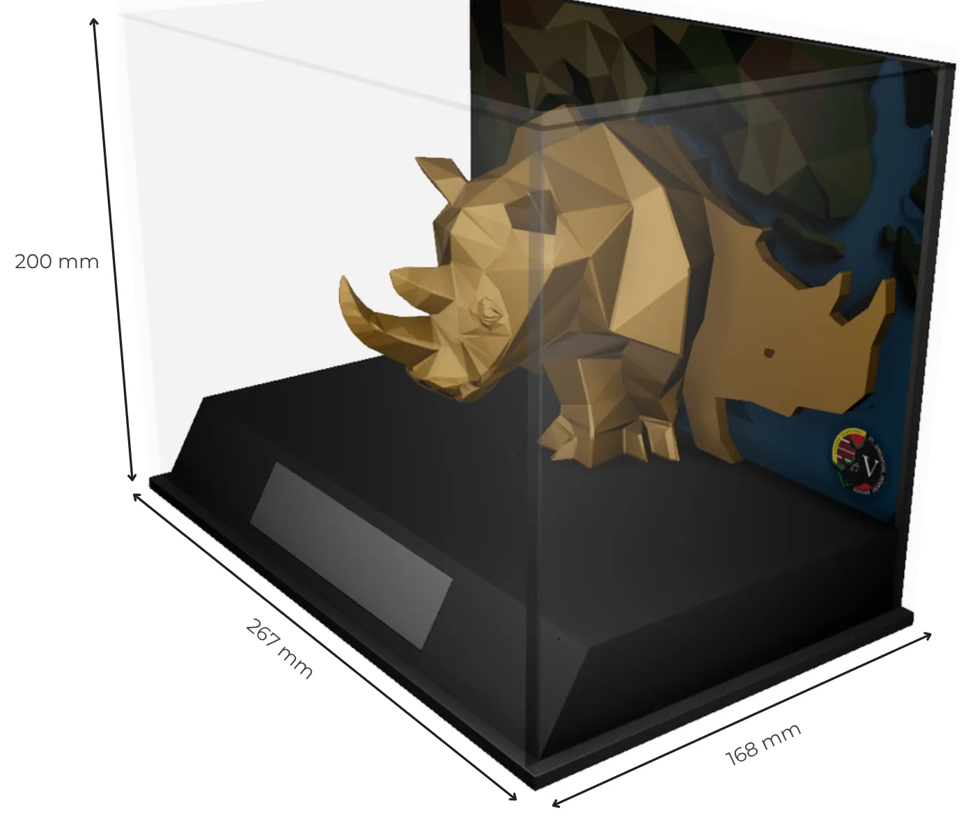 Render of the gold rhino in its acrylic case on a black base, dimensioned 267 mm wide, 168 mm deep and 200 mm high, with the backdrop on the back panel