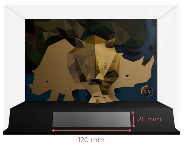 Front view render of the cased rhino, with the plate recess on the base marked 120 mm by 26 mm
