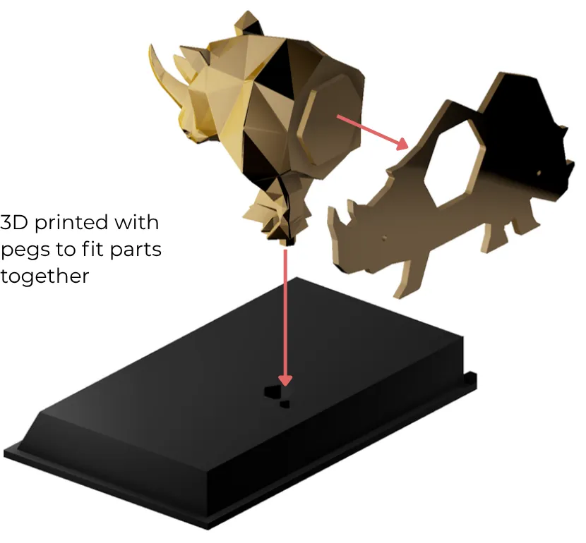 Exploded render of the rhino's head and body pulling apart above the base, with arrows showing where the pegs fit