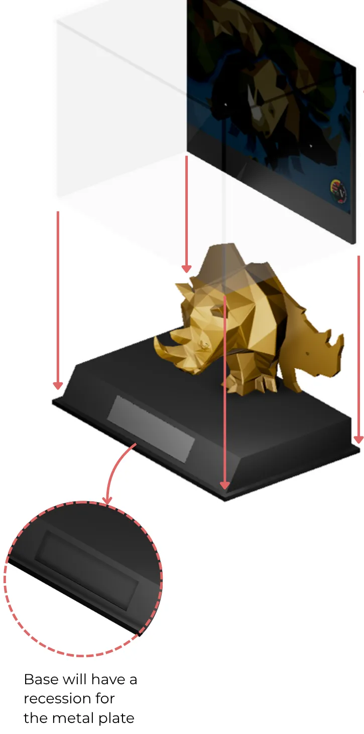 Exploded render showing the acrylic case and backdrop panel lowering over the rhino on its base, with a close-up of the plate recess