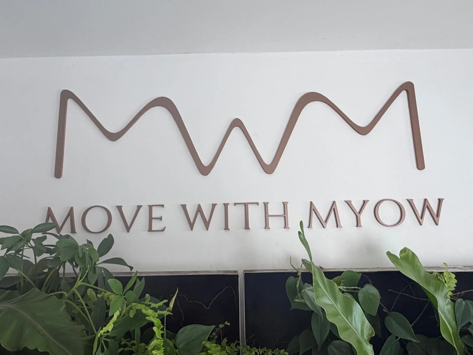 The Move with Myow logo and the words MOVE WITH MYOW in rose gold acrylic letters on a white wall above green plants