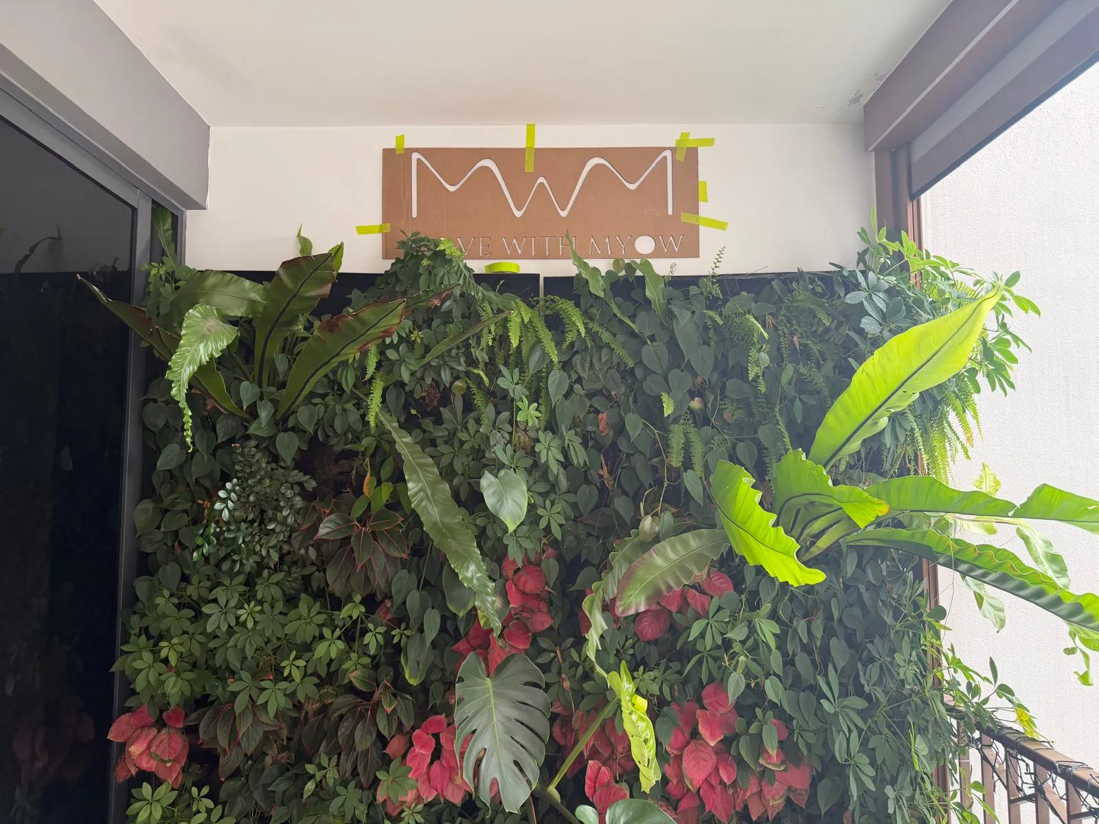 A cardboard template of the sign taped to the wall to set its position before the acrylic pieces went up