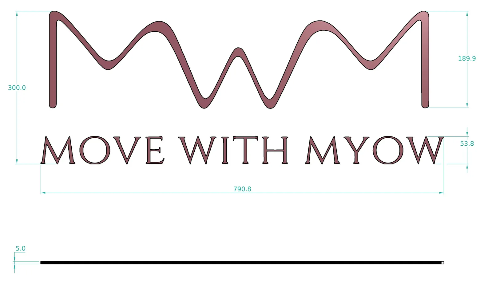 Dimensioned drawing of the sign: 790.8 mm wide and 300 mm high, the logo mark 189.9 mm and the lettering 53.8 mm high, cut