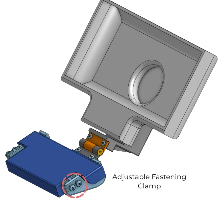 Render of the first design: the tablet cradle on a hinged arm above a blue base plate, with the adjustable fastening clamp circled at one end