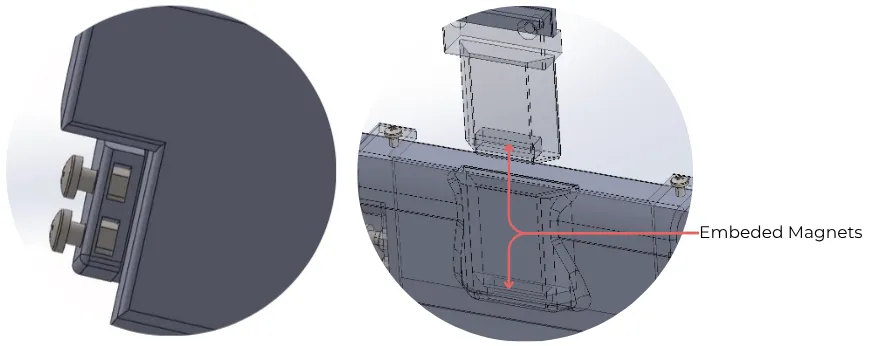 Two close-up renders of the coupler: the magnets set into the dovetail and the see-through slot they hold