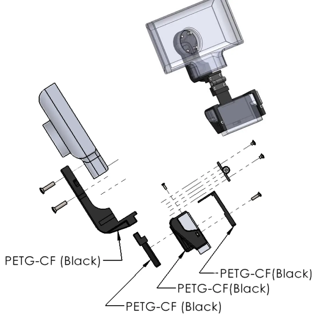 Exploded render of the second design: the bracket, hinge block, coupler and clamp, each labelled PETG-CF (Black), with the assembled mount above