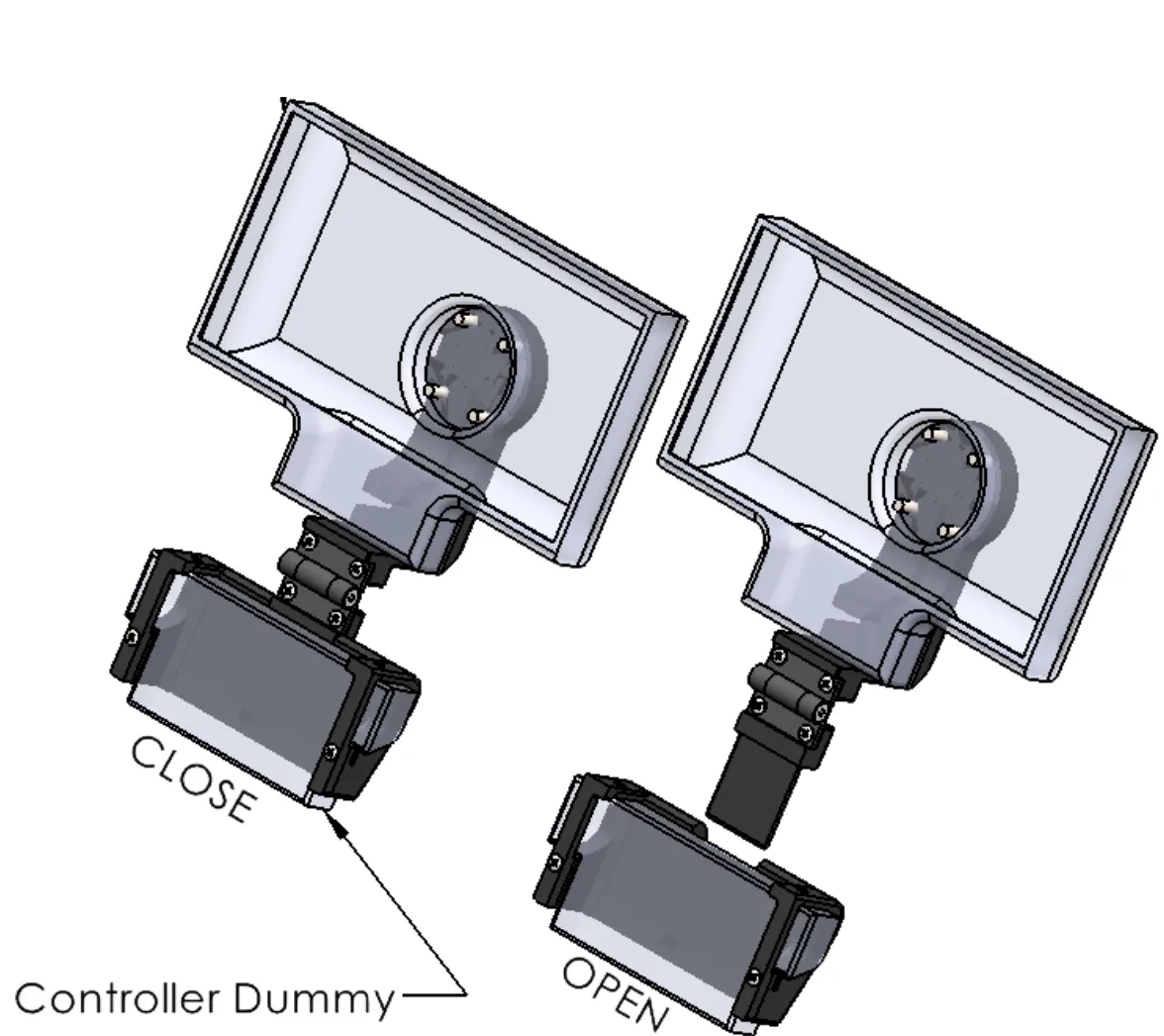 Render of the second design twice: closed, with the controller dummy locked to the screen, and open, with the coupler slid apart