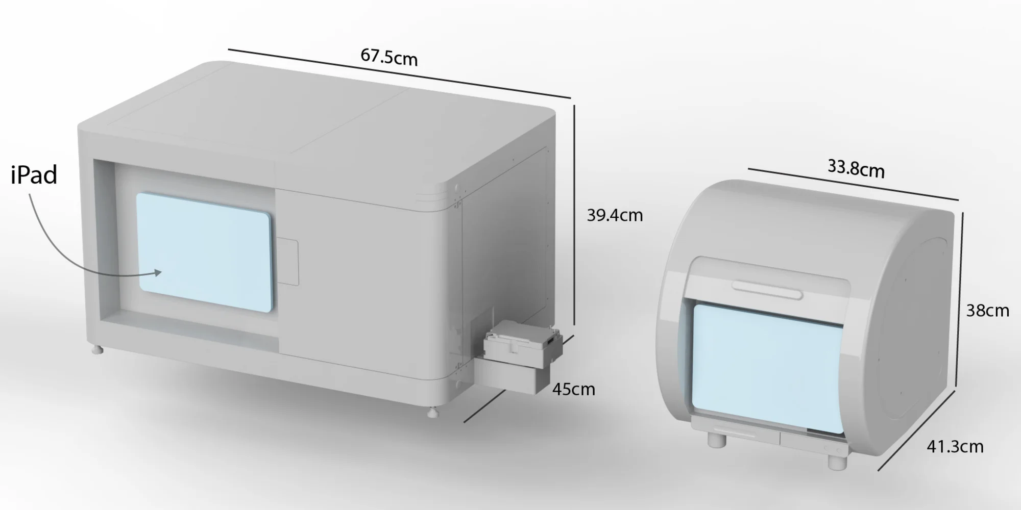 Render of the first designs: the long iQue 5 body, 67.5 by 45 by 39.4 cm, with an iPad screen, beside the rounded Octet, 33.8 by 41.3 by 38 cm