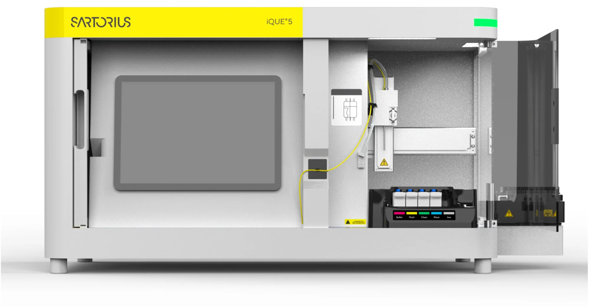 Front render of the iQue 5 model with the door and clear side panel open, showing the screen, probe arm, reagent bottles and plate carrier