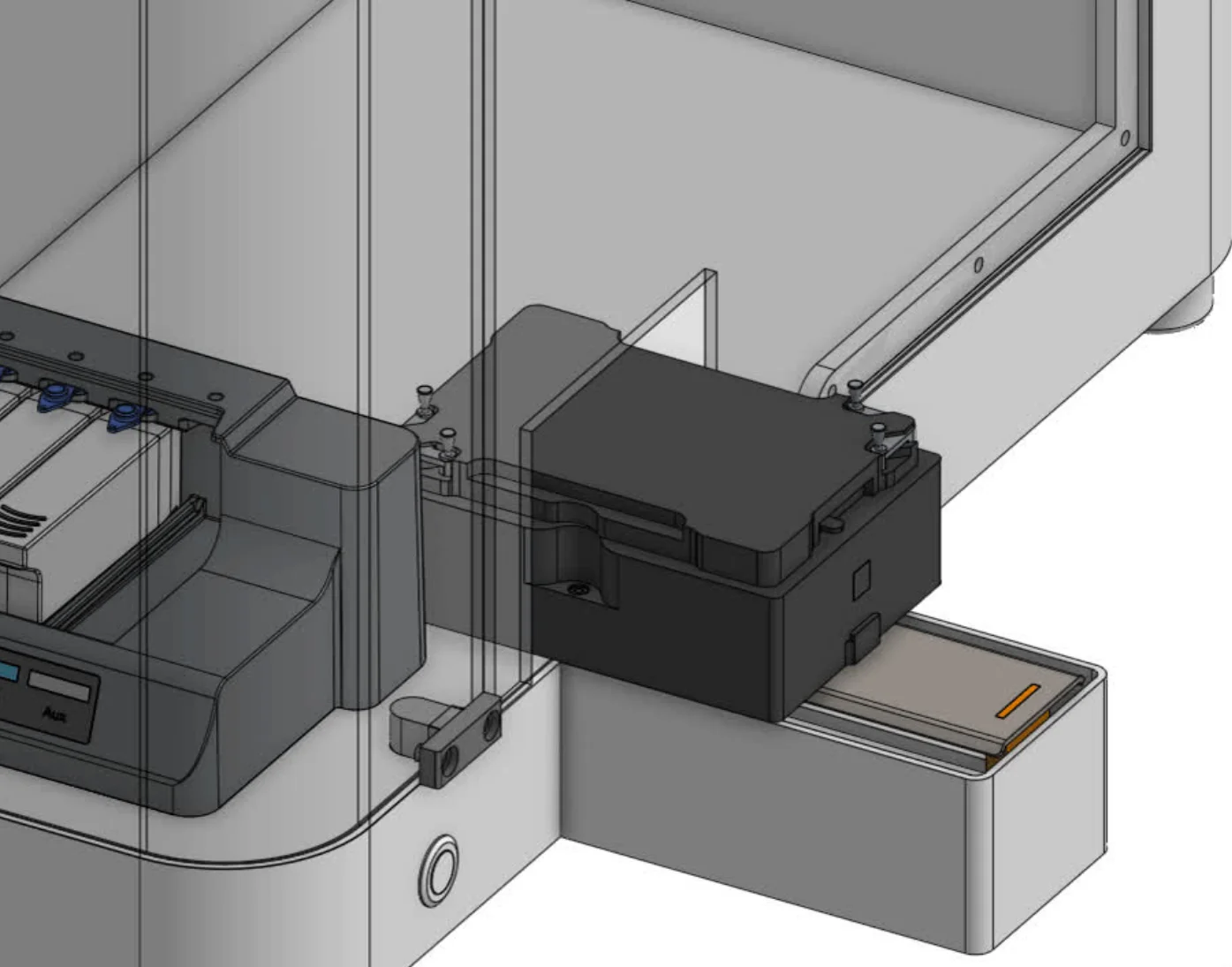 Close-up render of the iQue 5 model's black carriage sliding out on its tray through the side of the bay