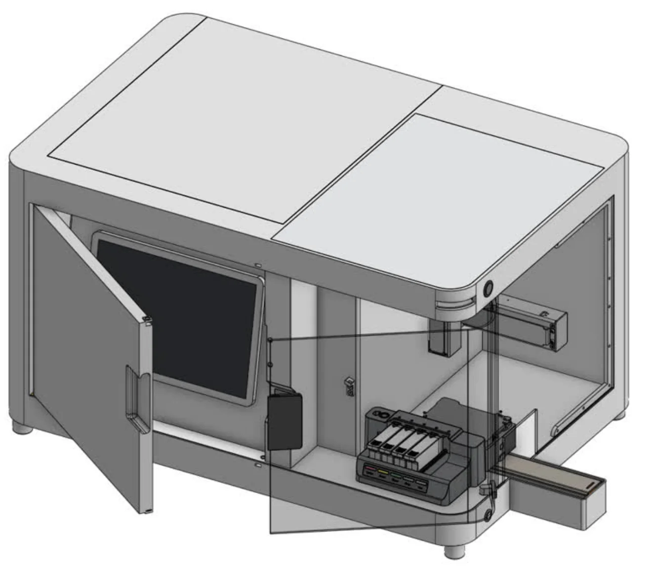 Line render of the iQue 5 model with its front door swung open on the screen, the bay seen through the clear panel
