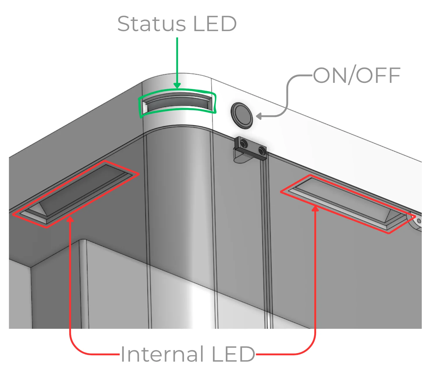 Render looking up at the iQue 5 model's top edge, marking the status LED, the on/off button and two internal LED strips