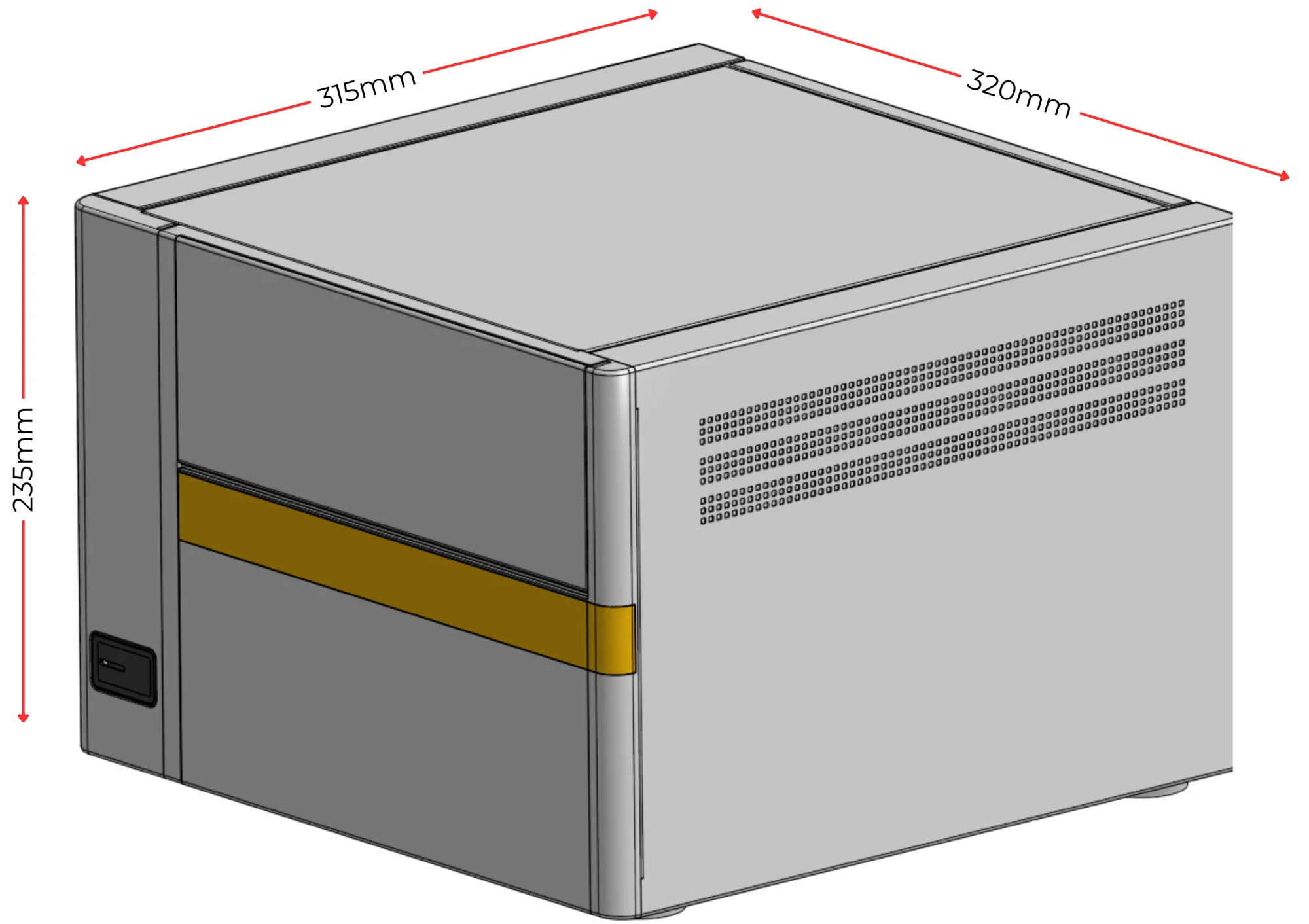 Render of the Incucyte model, a grey box with a yellow band across the front, with its size marked: 320 x 315 x 225 mm