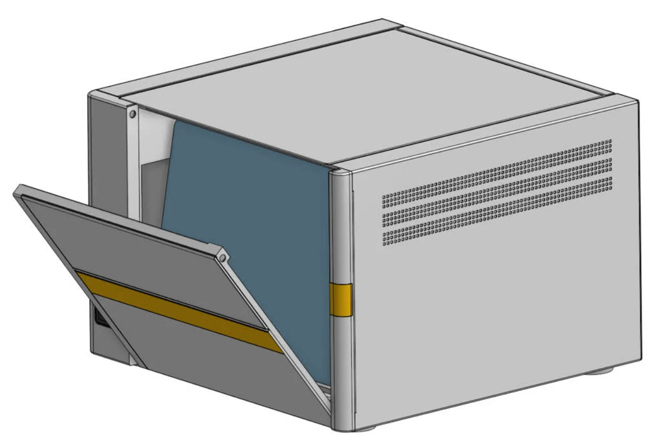 Render of the Incucyte model with its front panel swung down to show the screen inside