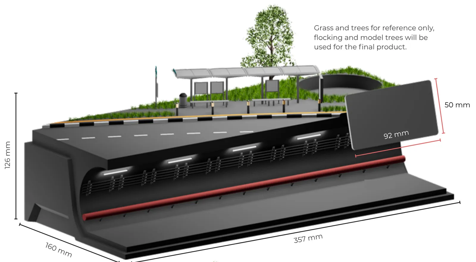 Render of the base with its sizes: 357 by 160 mm and 126 mm tall, a lit tunnel under the road, a bus stop on top and a 92 by 50 mm plate