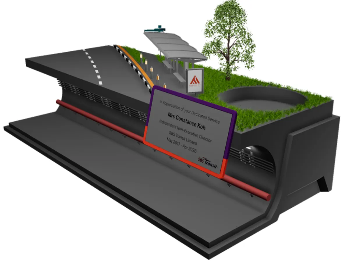 Render of the second design from the tunnel side, with the purple and orange name plate in front of the bus stop and grass