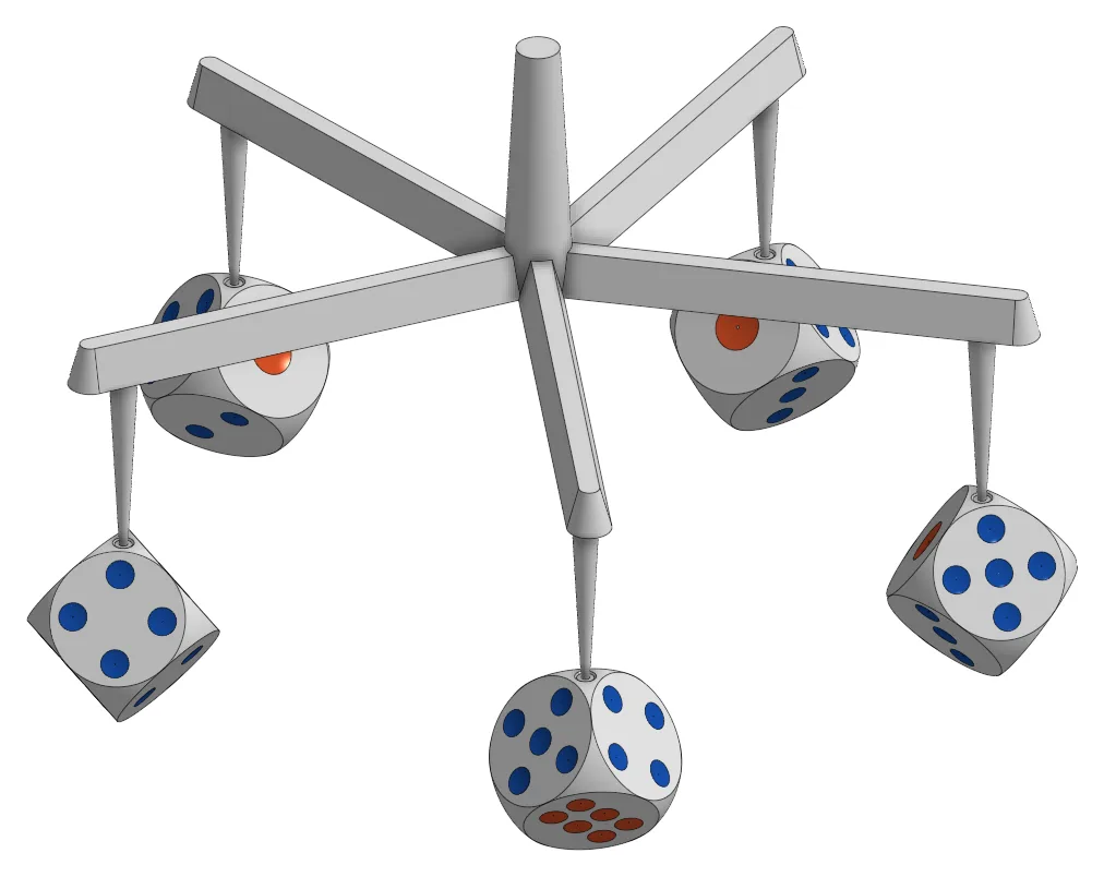 Render of one shot from the dice mould: a central sprue branching through a five-arm runner spider into five white dice with blue and red pips