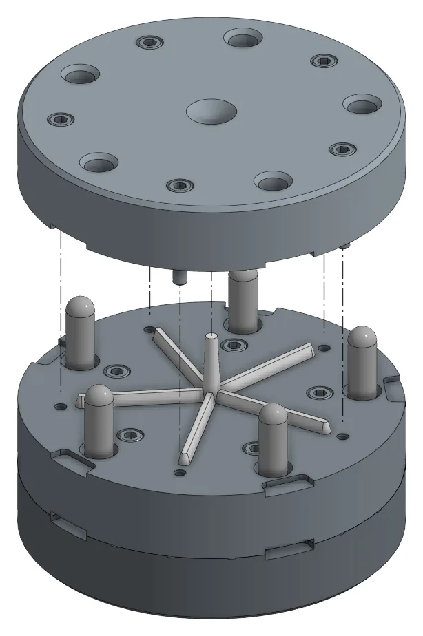 Render of the dice mould opening at its first parting line, with the runner spider lifting away on its guide pins