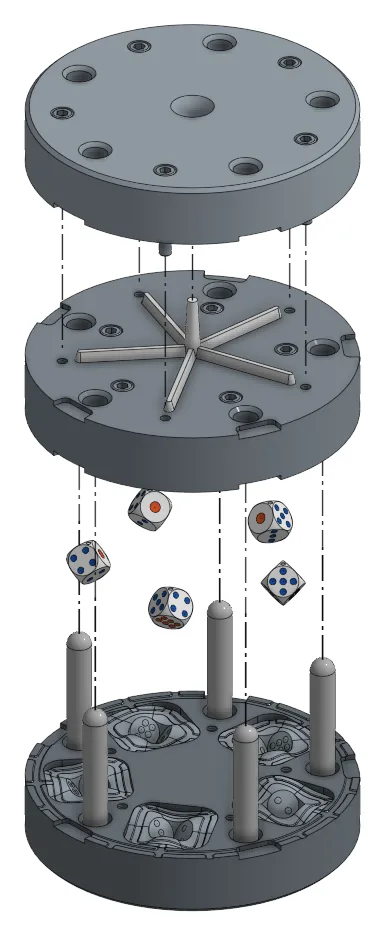 Exploded render of the dice mould at its second parting line, with the five dice dropping out between the plates