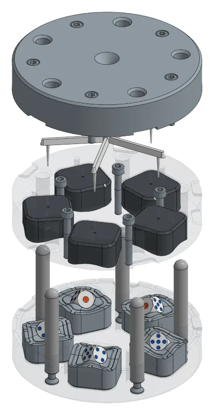 Ghosted render of the dice mould showing each dice cavity as its own black sub-insert set into the plates