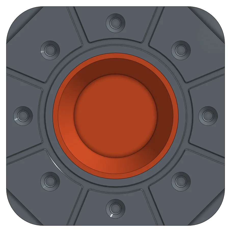 Render looking into the cup mould cavity from above, with the orange cup inside and a vent so no air is trapped