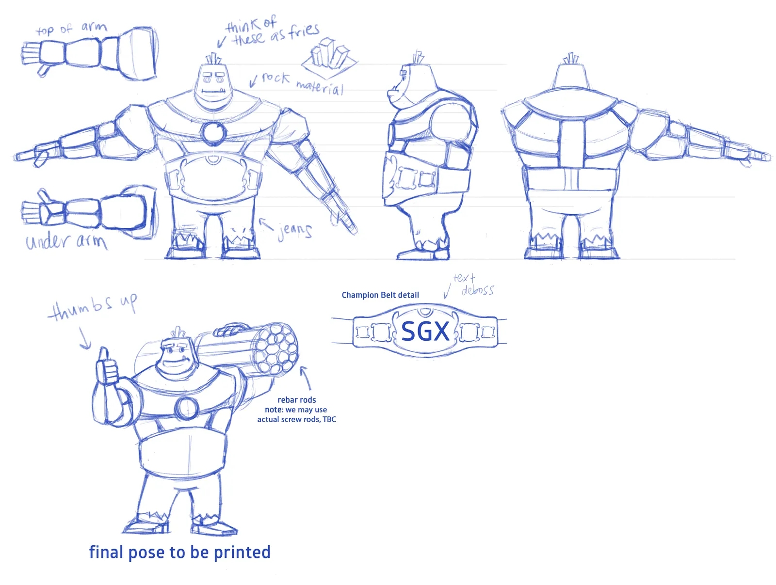 Character sheet of the SGX mascot in blue pencil: front, side and back views, the thumbs-up pose with rebar rods on the shoulder, and the champion belt lettered SGX