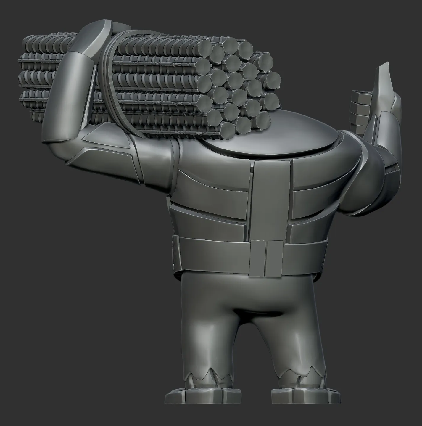 3D render of the mascot from behind, showing the strap across his back and the bundle of ribbed rebar rods on his shoulder
