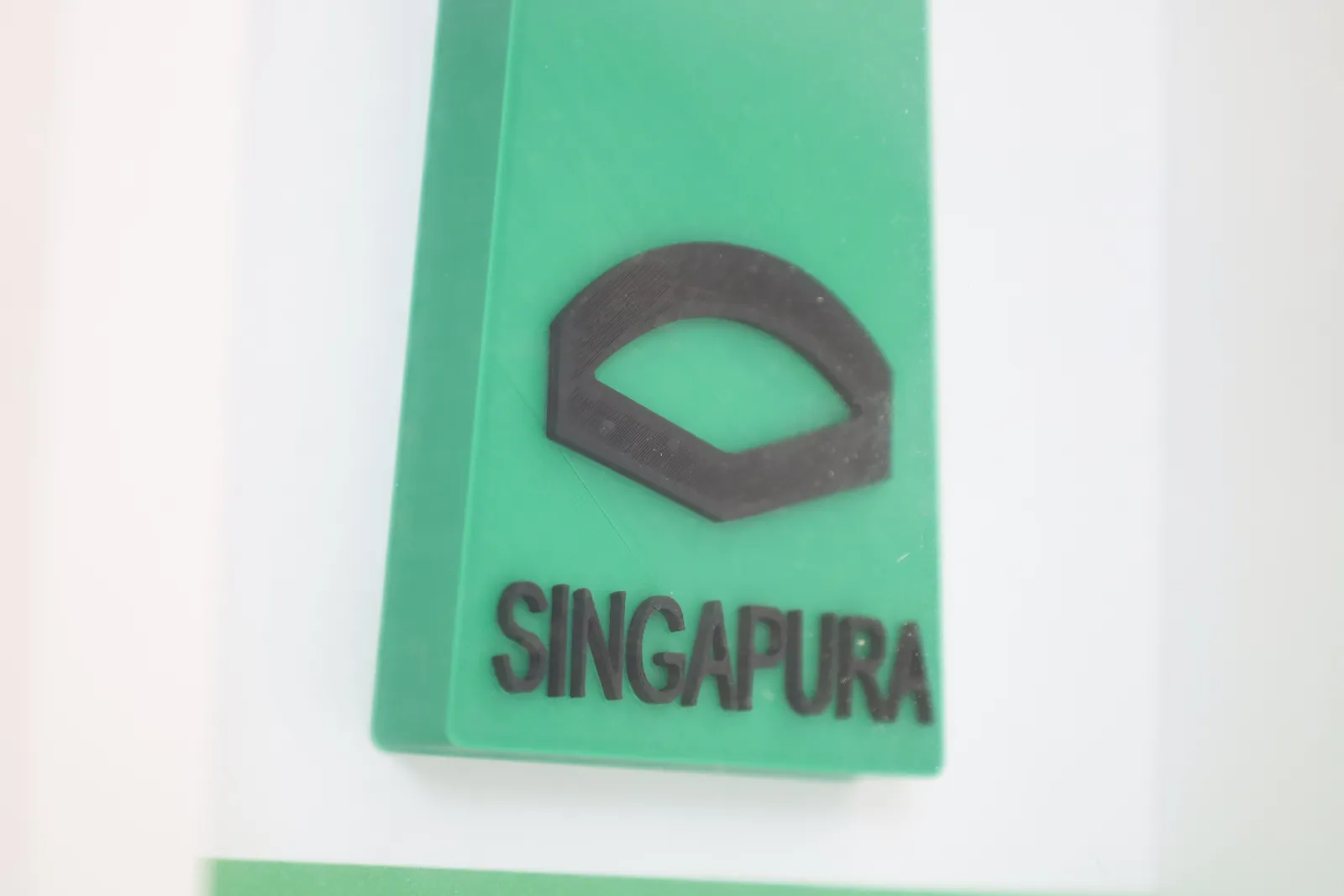 Close-up of the 3D printed green rank slide, with the black rank insignia and the word SINGAPURA raised on its face