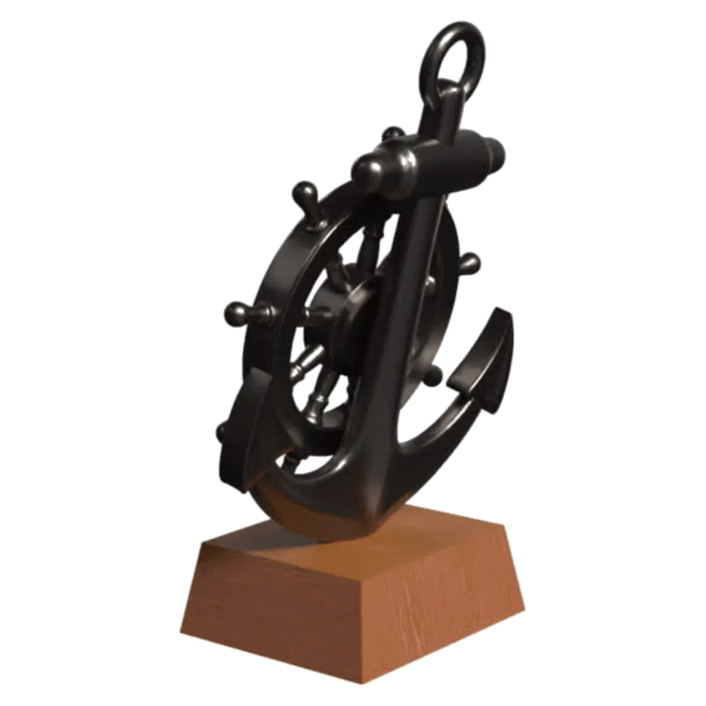 Render of the first design from a three-quarter angle: a dark metal helm and anchor on a plain wooden base
