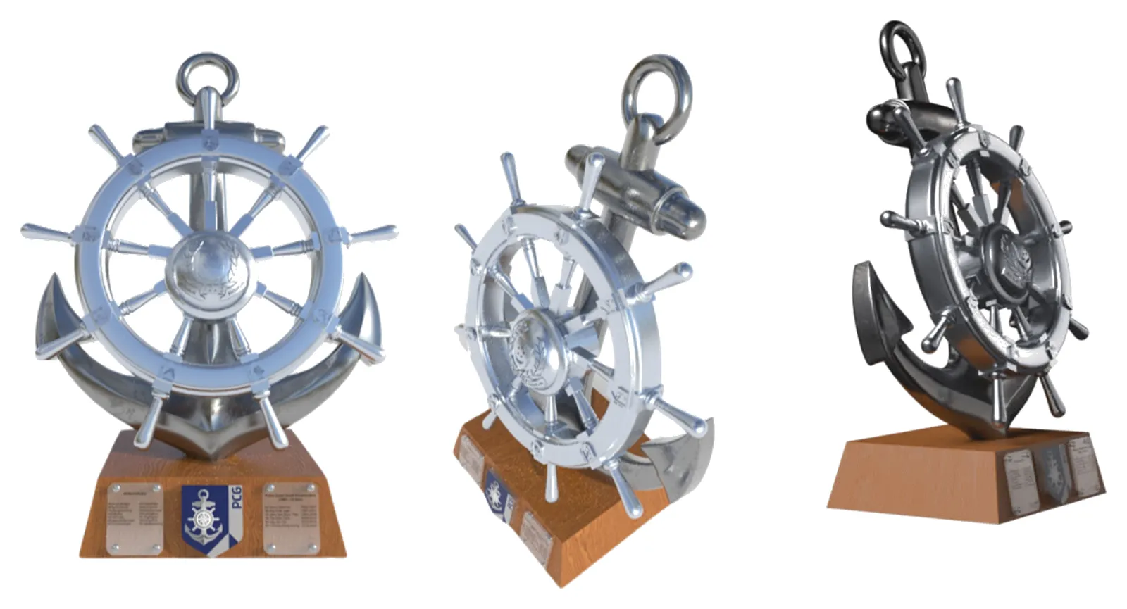 Render of the second design in three views, front, three-quarter and side: a silver helm over a silver anchor on a wooden base with the PCG shield between two name plaques