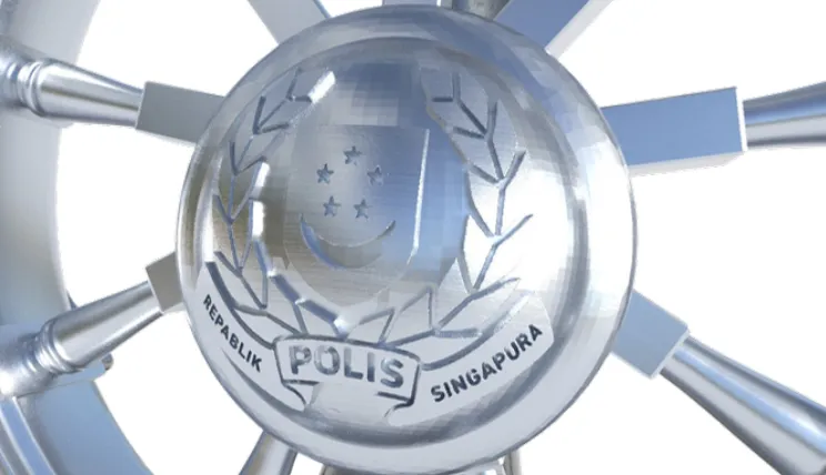 Close-up render of the police crest engraved into the silver hub of the helm, reading REPUBLIK POLIS SINGAPURA