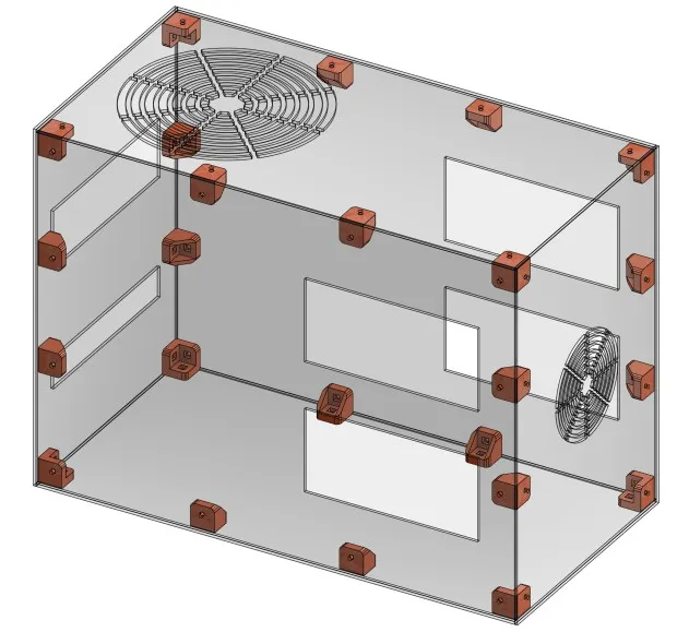Render of the tall clear box with brackets along every edge, a fan grille in the top and side, and rectangular cut-outs