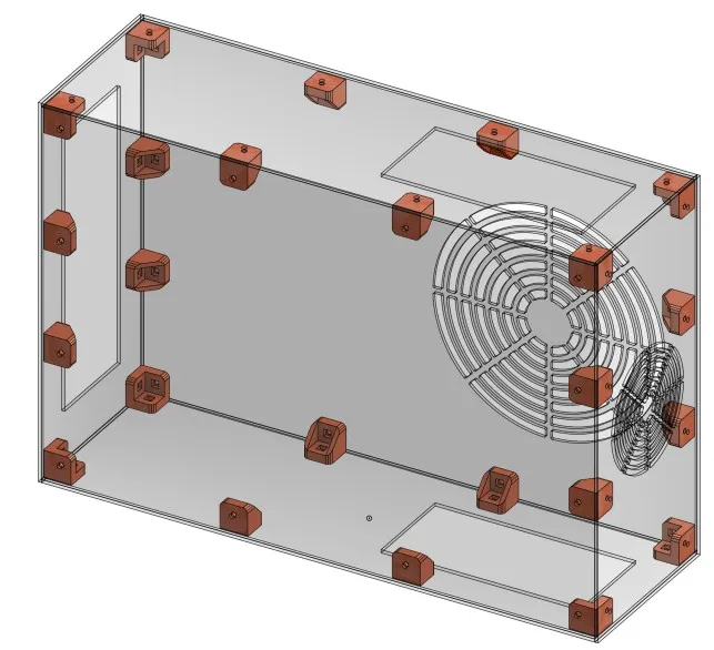 Render of the wide clear box with a large round fan grille on its face and a smaller grille on the end