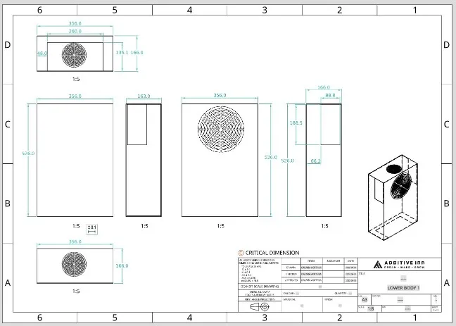 Dimensioned drawing of the lower body in five views, with the fan grille, the cut-outs and an isometric view