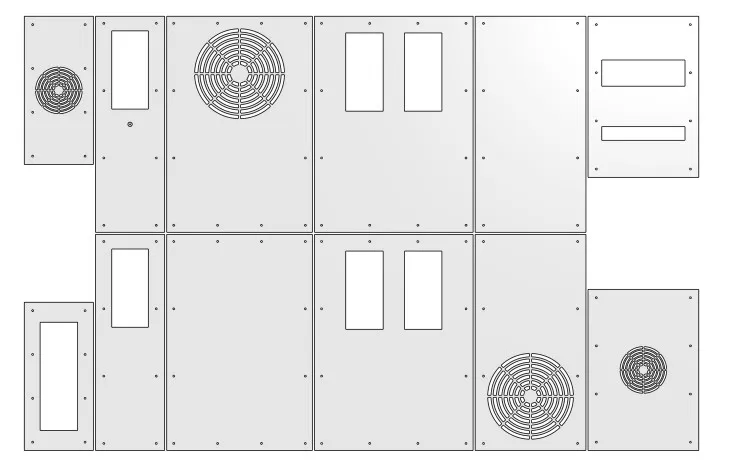 Flat layout of all twelve acrylic panels with their fan grilles, rectangular cut-outs and screw holes
