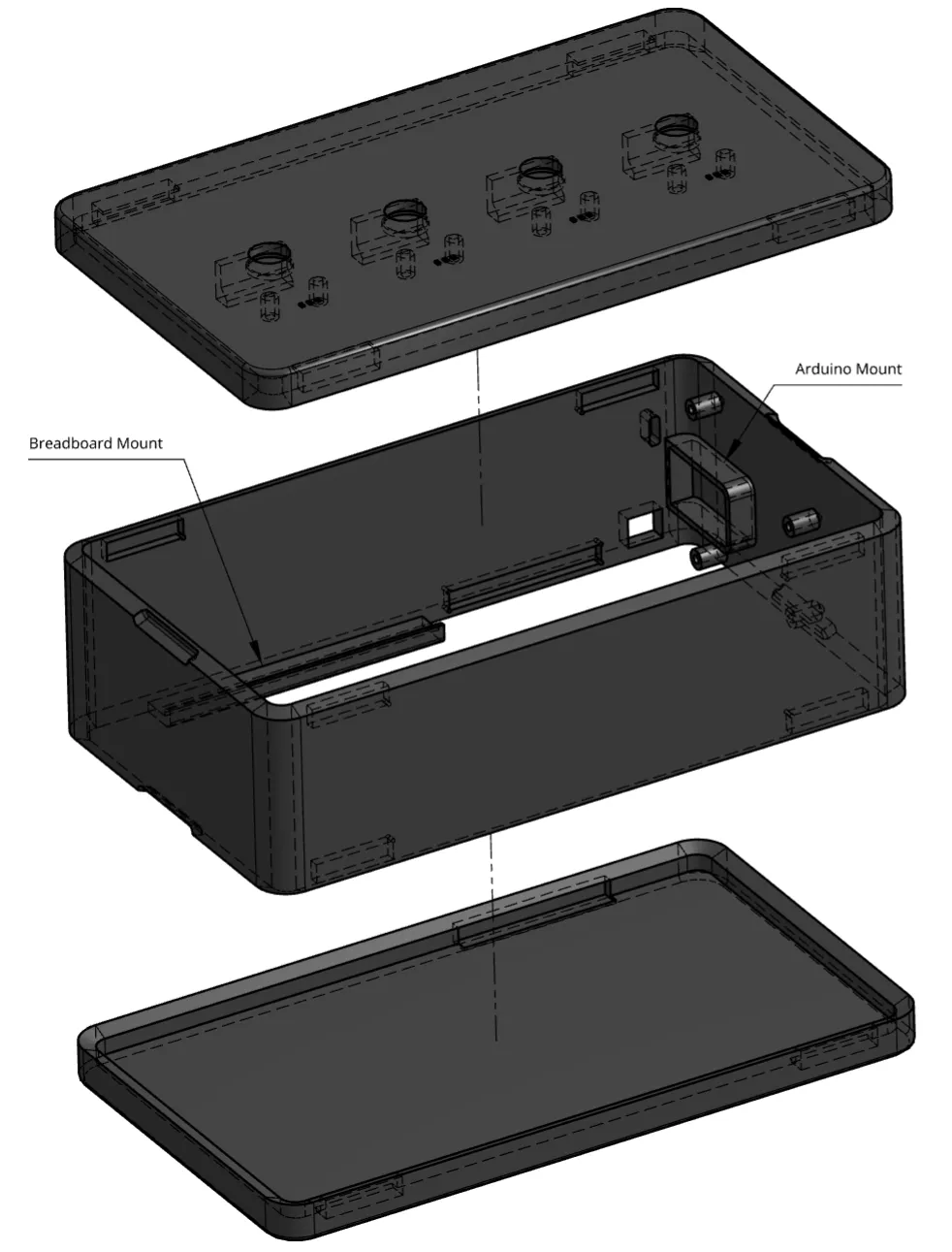 Exploded render of the final design: push-button lid, body with the breadboard and Arduino mounts, and the matching bottom