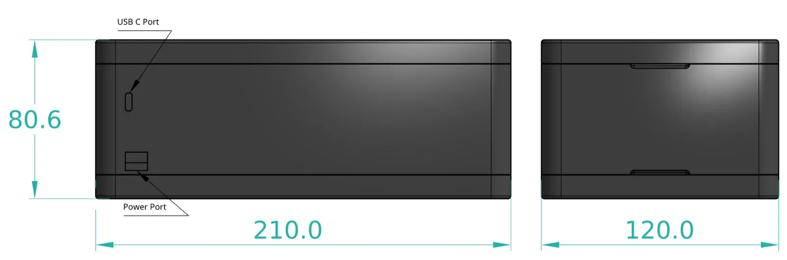 Drawing of the final design from the front and side, 210 mm long, 120 mm wide and 80.6 mm tall, with the USB-C and power