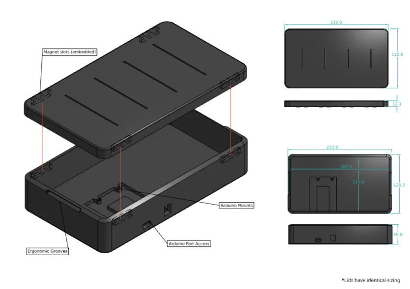 First design drawing: a slider lid lifting off the base, with the embedded magnet slots, Arduino mounts, port access and