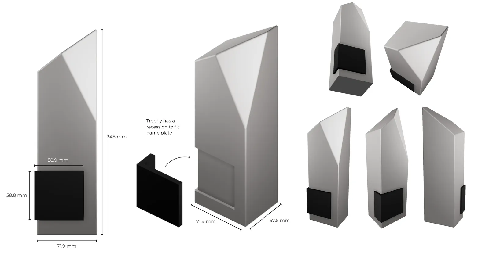 Render of the angled trophy column in six views with dimensions: 248 mm tall, a 71.9 by 57.5 mm base, and a black 58.9 by 58.8 mm plate fitting a recess in the face