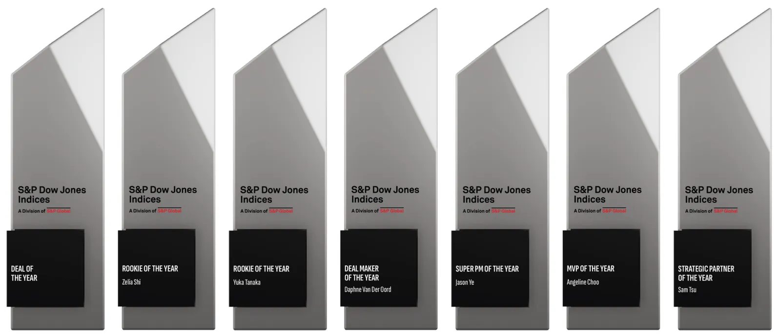Render of all seven trophies side by side, each with the S&P Dow Jones Indices logo above a black plate naming its award