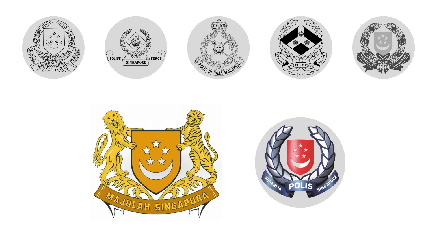 Crest options from the design sheet: five police crests from the force's history in grey, above the state crest in gold and the current police crest in colour
