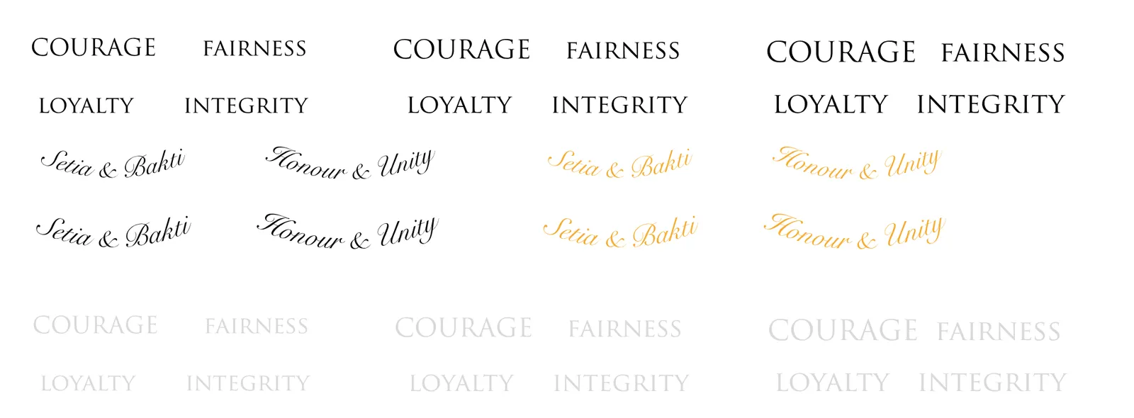 Wording options from the design sheet: COURAGE, FAIRNESS, LOYALTY and INTEGRITY in capitals, and Setia & Bakti and Honour & Unity in script, in black, gold and grey