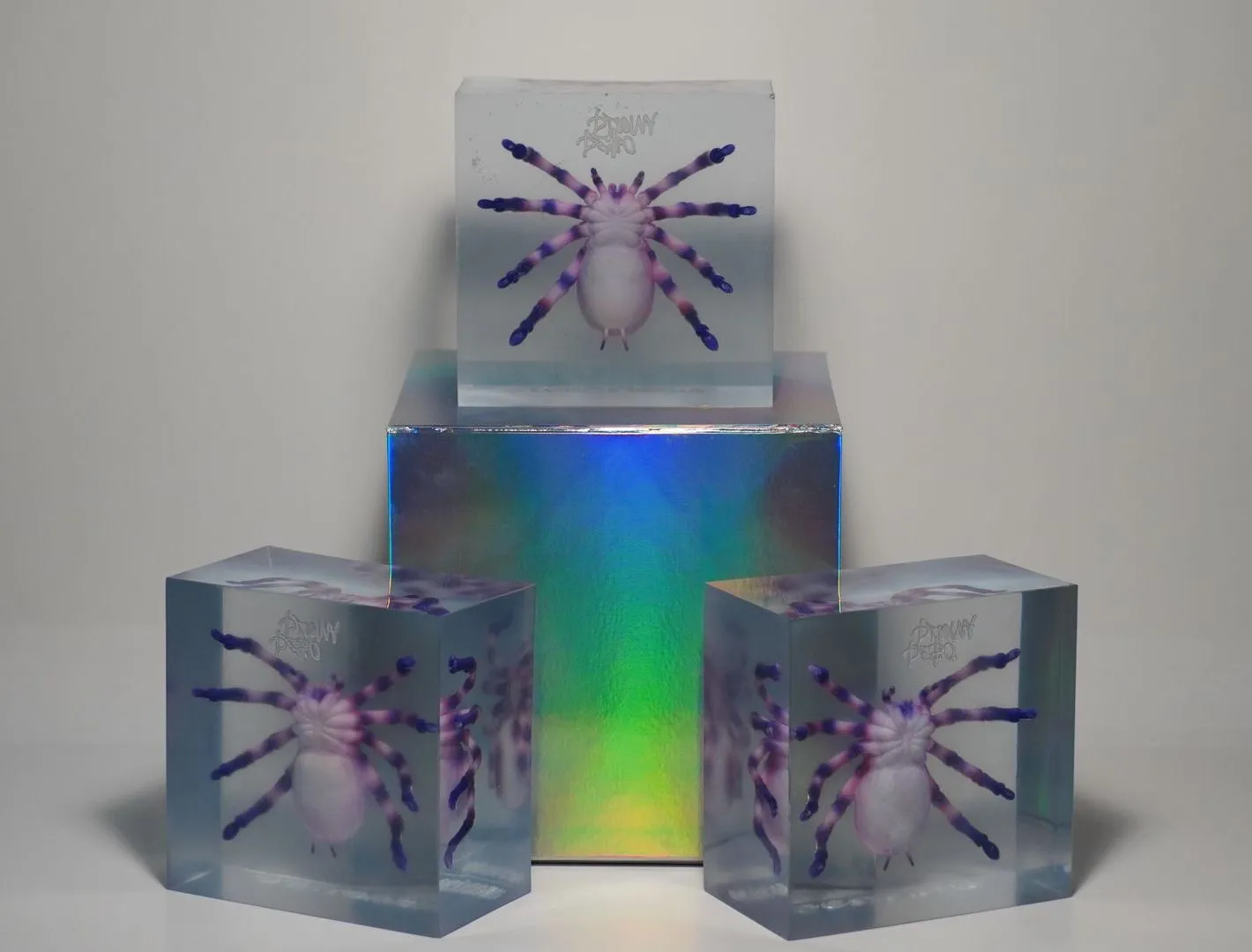 Three resin blocks arranged around a holographic box, one standing on top and two at its sides
