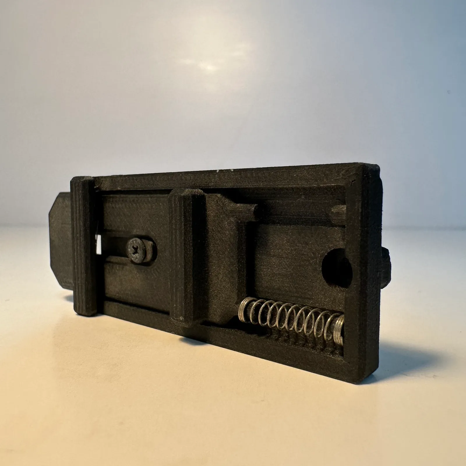 The rail standing on its edge: the screw riding in its slot, the latch grip in the middle and the spring along the bottom of its pocket