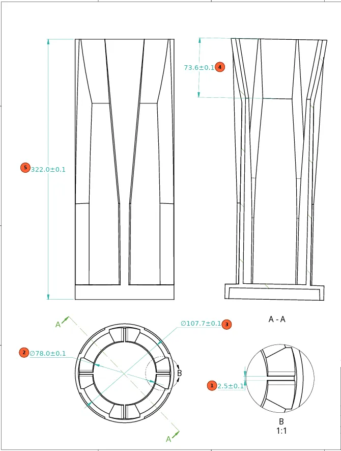 Our drawing of the canard sleeve in side, section and end views, with its six critical dimensions circled, each ±0.1 mm