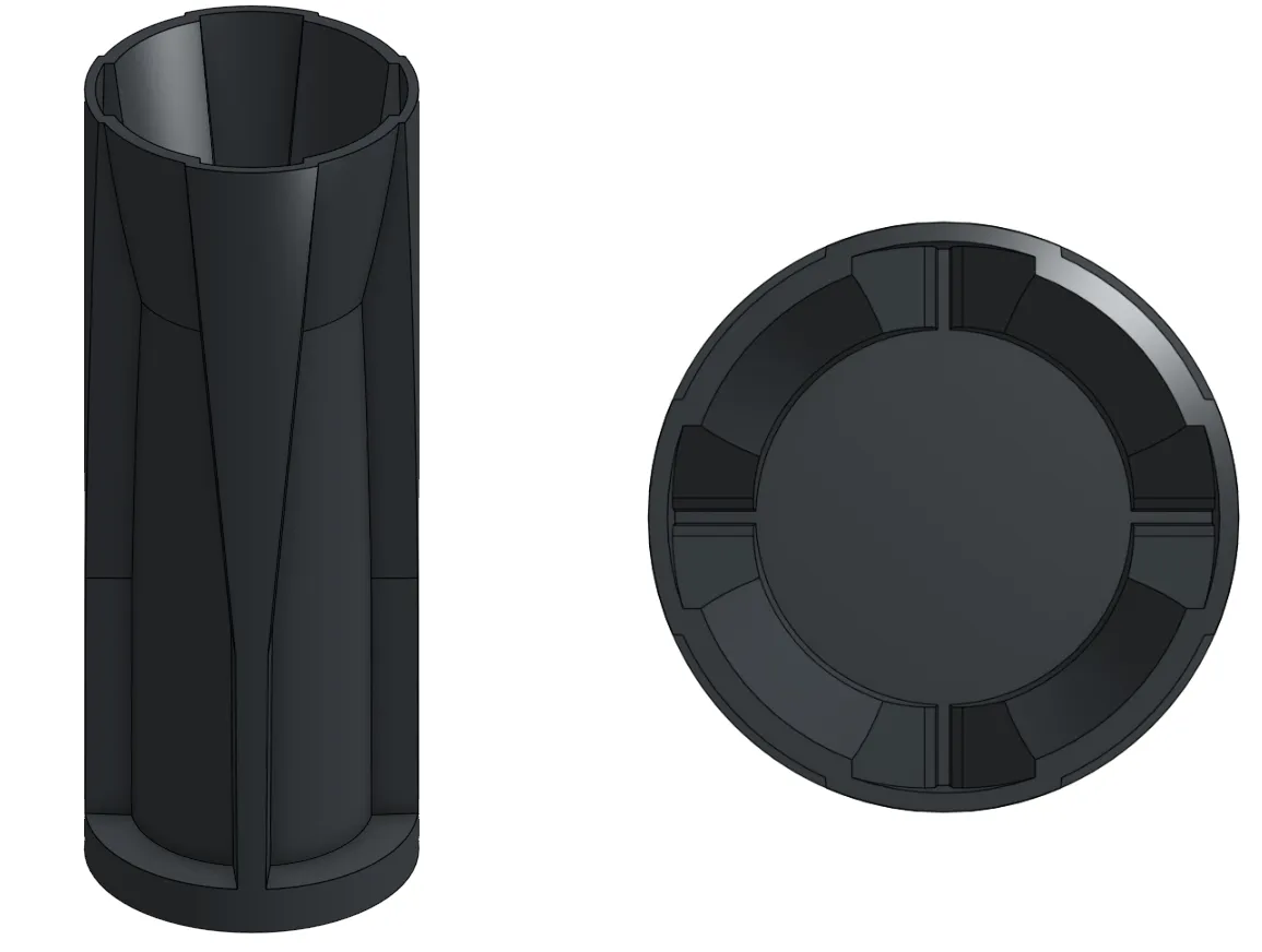 Render of the black sleeve from the side, showing its tapered channels, and from the end, showing the round base with its slots