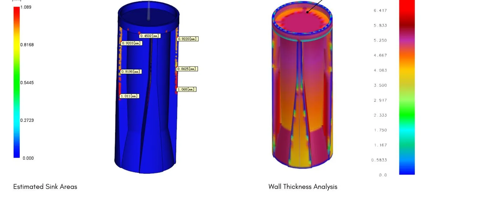 Two mould flow renders of the sleeve: estimated sink areas in blue with small red patches along the ribs, and a wall thickness map in red, orange and yellow