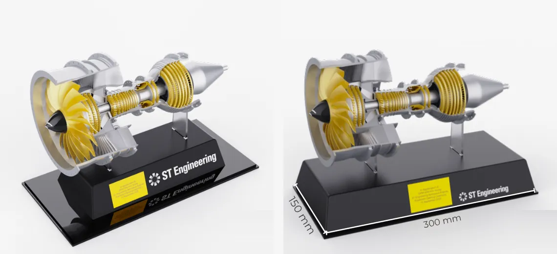 Two renders side by side: the engine over a black block on a glossy black plate, and over a plain black plinth marked 300 mm by 150 mm