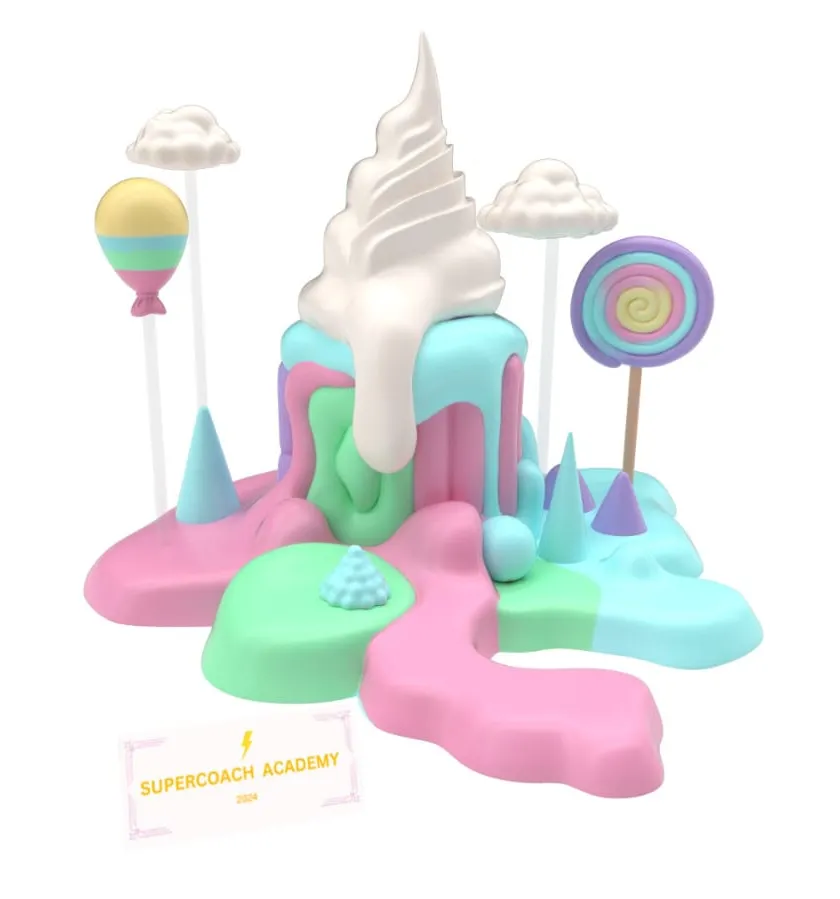 Colour render of the cake trophy: a white soft-serve swirl melting over pastel drips, a striped balloon, a rainbow lollipop and two clouds on rods, with the Supercoach Academy 2024 name block