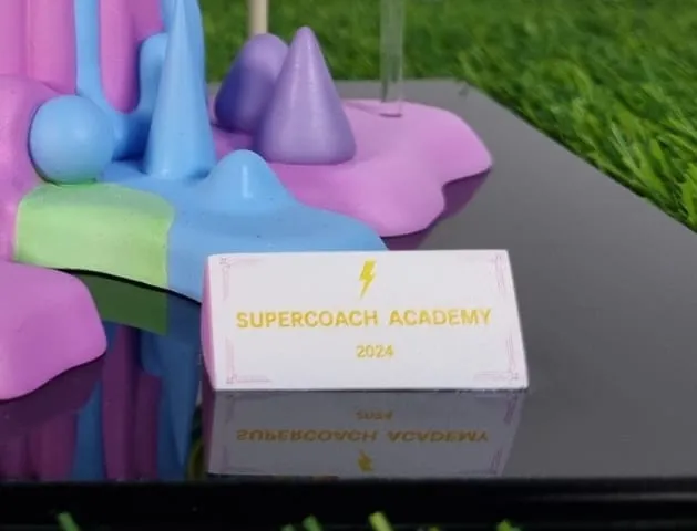The white name block reading SUPERCOACH ACADEMY 2024 in gold under a gold lightning bolt, reflected in the black base beside lilac and blue cones